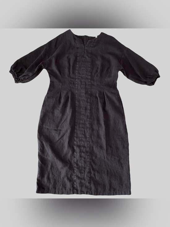 Magic Linen Dresses & Skirts - Magic Linen Black Balloon Sleeve Dress BORNEO Midi Hand-crafted Lithuania